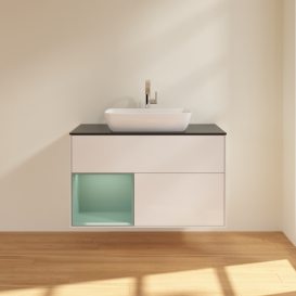 Тумба под раковину Villeroy & Boch Finion 100х50,1 см с подсветкой МДФ глянцевый белый лак/стекло черное матовое F772GMGF