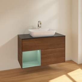 Тумба под раковину Villeroy & Boch Finion 100х50,1 см с подсветкой МДФ шпон грецкого ореха/стекло черное матовое F772GMGN