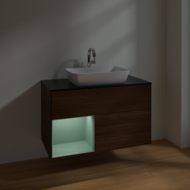 Тумба под раковину Villeroy & Boch Finion 100х50,1 см с подсветкой МДФ шпон грецкого ореха/стекло черное матовое F772GMGN