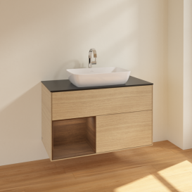 Тумба під раковину Villeroy & Boch Finion 100х50,1 см із підсвічуванням МДФ шпон дуба/скло чорне матове F772GNPC