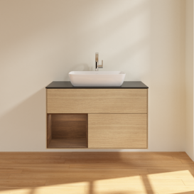 Тумба під раковину Villeroy & Boch Finion 100х50,1 см із підсвічуванням МДФ шпон дуба/скло чорне матове F772GNPC