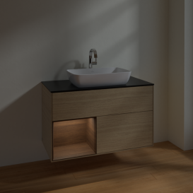 Тумба під раковину Villeroy & Boch Finion 100х50,1 см із підсвічуванням МДФ шпон дуба/скло чорне матове F772GNPC
