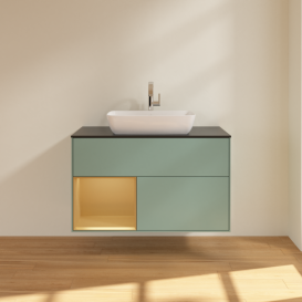 Тумба под раковину Villeroy & Boch Finion 100х50,1 см с подсветкой МДФ оливковый матовый лак/стекло черное матовое F772HFGM