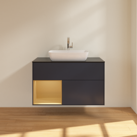 Тумба под раковину Villeroy & Boch Finion 100х50,1 см с подсветкой МДФ темно-синий матовый лак/стекло черное матовое F772HFHG