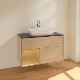 Тумба под раковину Villeroy & Boch Finion 100х50,1 см с подсветкой МДФ шпон дуба/стекло черное матовое F772HFPC