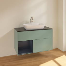 Тумба под раковину Villeroy & Boch Finion 100х50,1 см с подсветкой МДФ оливковый матовый лак/стекло черное матовое F772HGGM