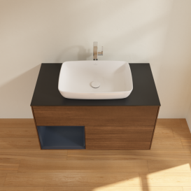 Тумба под раковину Villeroy & Boch Finion 100х50,1 см с подсветкой МДФ шпон грецкого ореха/стекло черное матовое F772HGGN