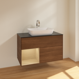 Тумба под раковину Villeroy & Boch Finion 100х50,1 см с подсветкой МДФ шпон грецкого ореха/стекло черное матовое F772PCGN