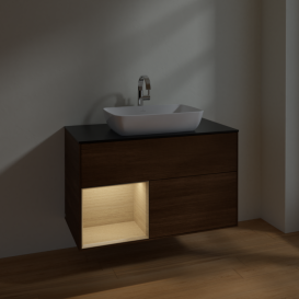 Тумба под раковину Villeroy & Boch Finion 100х50,1 см с подсветкой МДФ шпон грецкого ореха/стекло черное матовое F772PCGN