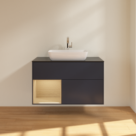 Тумба под раковину Villeroy & Boch Finion 100х50,1 см с подсветкой МДФ темно-синий матовый лак/стекло черное матовое F772PCHG