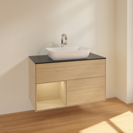 Тумба под раковину Villeroy & Boch Finion 100х50,1 см с подсветкой МДФ шпон дуба/стекло черное матовое F772PCPC