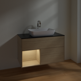 Тумба под раковину Villeroy & Boch Finion 100х50,1 см с подсветкой МДФ шпон дуба/стекло черное матовое F772PCPC