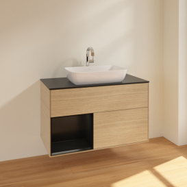 Тумба под раковину Villeroy & Boch Finion 100х50,1 см с подсветкой МДФ шпон дуба/стекло черное матовое F772PDPC