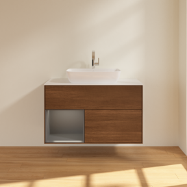 Тумба под раковину Villeroy & Boch Finion 100х50,1 см с подсветкой МДФ шпон грецкого ореха/стекло белое матовое G771GKGN