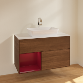 Тумба под раковину Villeroy & Boch Finion 100х50,1 см с подсветкой МДФ шпон грецкого ореха/стекло белое матовое G771HBGN