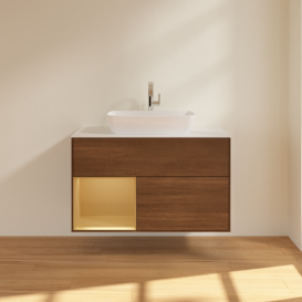 Тумба под раковину Villeroy & Boch Finion 100х50,1 см с подсветкой МДФ шпон грецкого ореха/стекло белое матовое G771HFGN