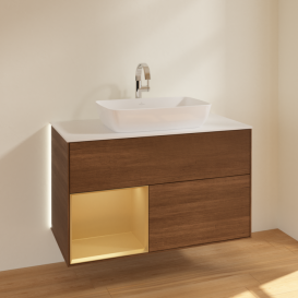 Тумба под раковину Villeroy & Boch Finion 100х50,1 см с подсветкой МДФ шпон грецкого ореха/стекло белое матовое G771HFGN