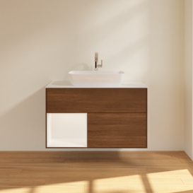 Тумба под раковину Villeroy & Boch Finion 100х50,1 см с подсветкой МДФ шпон грецкого ореха/стекло белое матовое G771MTGN