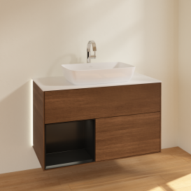 Тумба под раковину Villeroy & Boch Finion 100х50,1 см с подсветкой МДФ шпон грецкого ореха/стекло белое матовое G771PDGN