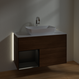 Тумба под раковину Villeroy & Boch Finion 100х50,1 см с подсветкой МДФ шпон грецкого ореха/стекло белое матовое G771PDGN