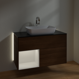 Тумба под раковину Villeroy & Boch Finion 100х50,1 см с подсветкой МДФ шпон грецкого ореха/стекло черное матовое G772GFGN