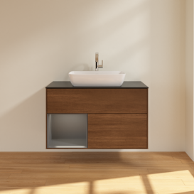 Тумба под раковину Villeroy & Boch Finion 100х50,1 см с подсветкой МДФ шпон грецкого ореха/стекло черное матовое G772GKGN