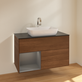 Тумба под раковину Villeroy & Boch Finion 100х50,1 см с подсветкой МДФ шпон грецкого ореха/стекло черное матовое G772GKGN