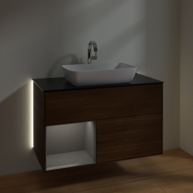 Тумба под раковину Villeroy & Boch Finion 100х50,1 см с подсветкой МДФ шпон грецкого ореха/стекло черное матовое G772GKGN