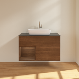 Тумба под раковину Villeroy & Boch Finion 100х50,1 см с подсветкой МДФ шпон грецкого ореха/стекло черное матовое G772GNGN