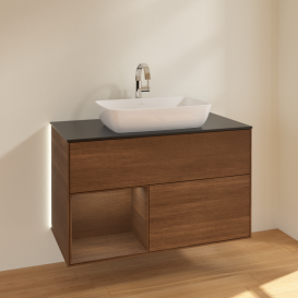 Тумба под раковину Villeroy & Boch Finion 100х50,1 см с подсветкой МДФ шпон грецкого ореха/стекло черное матовое G772GNGN