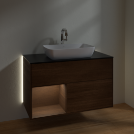 Тумба под раковину Villeroy & Boch Finion 100х50,1 см с подсветкой МДФ шпон грецкого ореха/стекло черное матовое G772GNGN