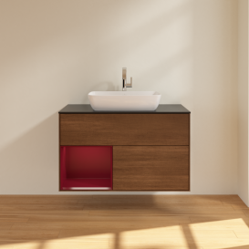 Тумба под раковину Villeroy & Boch Finion 100х50,1 см с подсветкой МДФ шпон грецкого ореха/стекло черное матовое G772HBGN