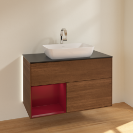 Тумба под раковину Villeroy & Boch Finion 100х50,1 см с подсветкой МДФ шпон грецкого ореха/стекло черное матовое G772HBGN