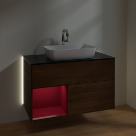 Тумба под раковину Villeroy & Boch Finion 100х50,1 см с подсветкой МДФ шпон грецкого ореха/стекло черное матовое G772HBGN