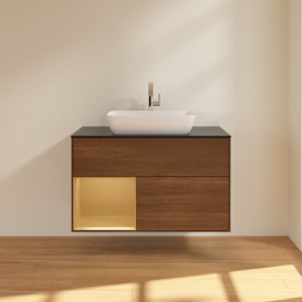 Тумба под раковину Villeroy & Boch Finion 100х50,1 см с подсветкой МДФ шпон грецкого ореха/стекло черное матовое G772HFGN