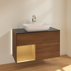 Тумба под раковину Villeroy & Boch Finion 100х50,1 см с подсветкой МДФ шпон грецкого ореха/стекло черное матовое G772HFGN