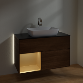 Тумба под раковину Villeroy & Boch Finion 100х50,1 см с подсветкой МДФ шпон грецкого ореха/стекло черное матовое G772HFGN