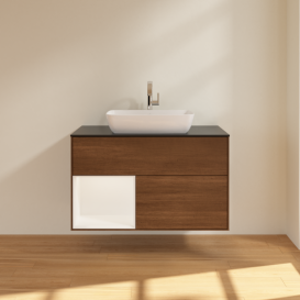 Тумба под раковину Villeroy & Boch Finion 100х50,1 см с подсветкой МДФ шпон грецкого ореха/стекло черное матовое G772MTGN