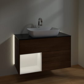 Тумба под раковину Villeroy & Boch Finion 100х50,1 см с подсветкой МДФ шпон грецкого ореха/стекло черное матовое G772MTGN