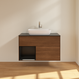 Тумба под раковину Villeroy & Boch Finion 100х50,1 см с подсветкой МДФ шпон грецкого ореха/стекло черное матовое G772PDGN