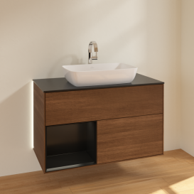 Тумба под раковину Villeroy & Boch Finion 100х50,1 см с подсветкой МДФ шпон грецкого ореха/стекло черное матовое G772PDGN