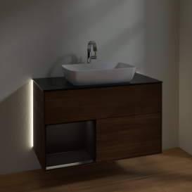 Тумба под раковину Villeroy & Boch Finion 100х50,1 см с подсветкой МДФ шпон грецкого ореха/стекло черное матовое G772PDGN