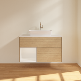 Тумба под раковину Villeroy & Boch Finion 100х50,1 см с подсветкой МДФ шпон дуба/стекло белое матовое G771GFPC