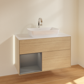 Тумба под раковину Villeroy & Boch Finion 100х50,1 см с подсветкой МДФ шпон дуба/стекло белое матовое G771GKPC
