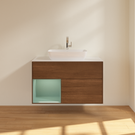 Тумба под раковину Villeroy & Boch Finion 100х50,1 см с подсветкой МДФ шпон грецкого ореха/стекло белое матовое G771GMGN