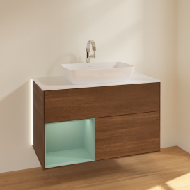 Тумба под раковину Villeroy & Boch Finion 100х50,1 см с подсветкой МДФ шпон грецкого ореха/стекло белое матовое G771GMGN