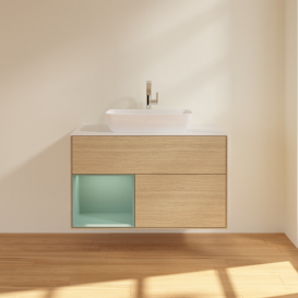 Тумба под раковину Villeroy & Boch Finion 100х50,1 см с подсветкой МДФ шпон дуба/стекло белое матовое G771GMPC