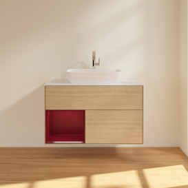 Тумба под раковину Villeroy & Boch Finion 100х50,1 см с подсветкой МДФ шпон дуба/стекло белое матовое G771HBPC