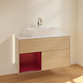 Тумба под раковину Villeroy & Boch Finion 100х50,1 см с подсветкой МДФ шпон дуба/стекло белое матовое G771HBPC