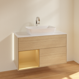 Тумба под раковину Villeroy & Boch Finion 100х50,1 см с подсветкой МДФ шпон дуба/стекло белое матовое G771HFPC